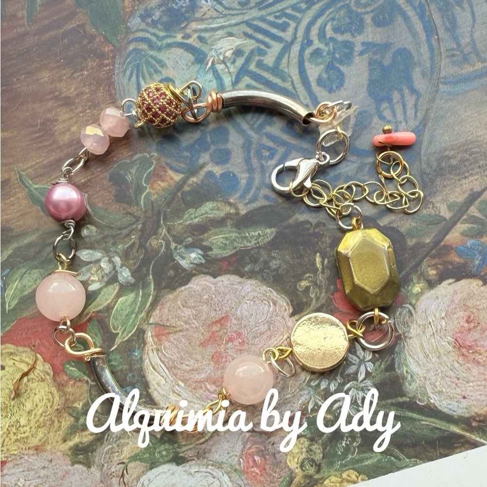 Pink quartz gold gemstone bracelet * ODDITY